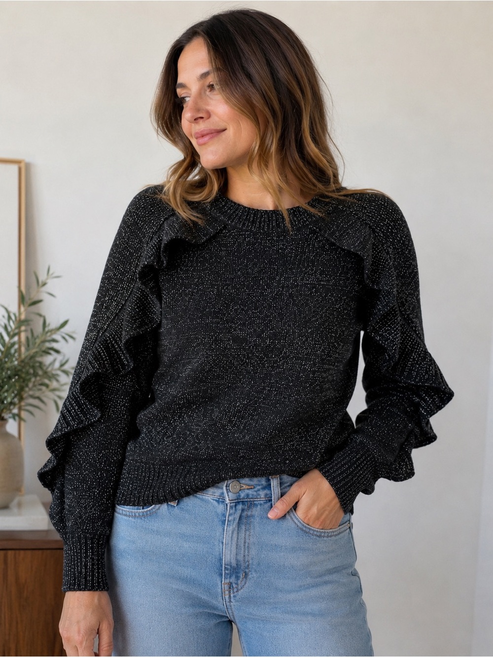 Time and Tru Black Metallic Shimmer Knit Sweater XL 16-18 Sparkle Holiday